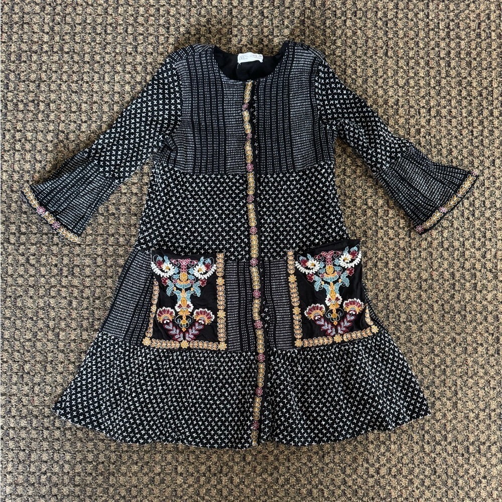 ZARA Embroidered Boho Black Dress Size Girls 11-12 Button Down with Pockets